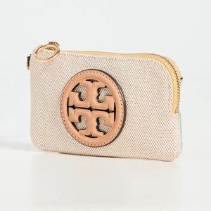 NWT Tory Burch Perry Bombe Card Case Small Leather Wristlet Natural Canvas AUTH